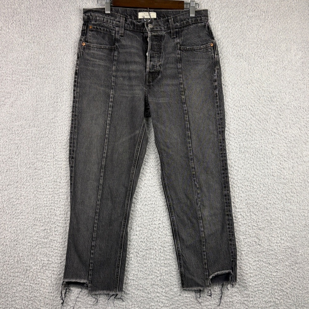Levis Altered Straight Jeans Women 30x25 Black Seamed Raw Hem Faded Grunge Denim